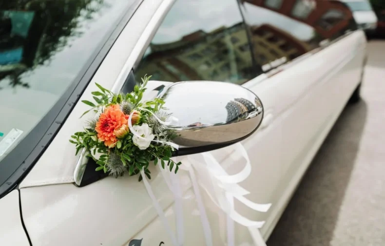 white wedding limo close up